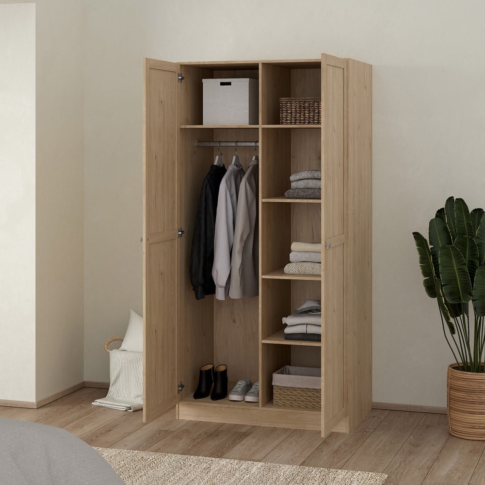 Florence Brande 2 Door Jackson Hickory Oak Wardrobe open with hanging clothes, shelves, boxes and baskets