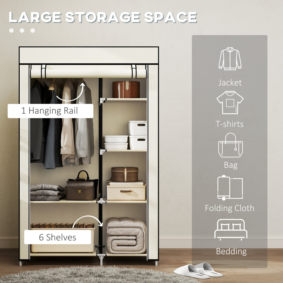 homcom fabric wardrobe portable wardrobe with 6 shelves 1 hanging rail foldable closets 103 x 43 x 162 5 cm cream white