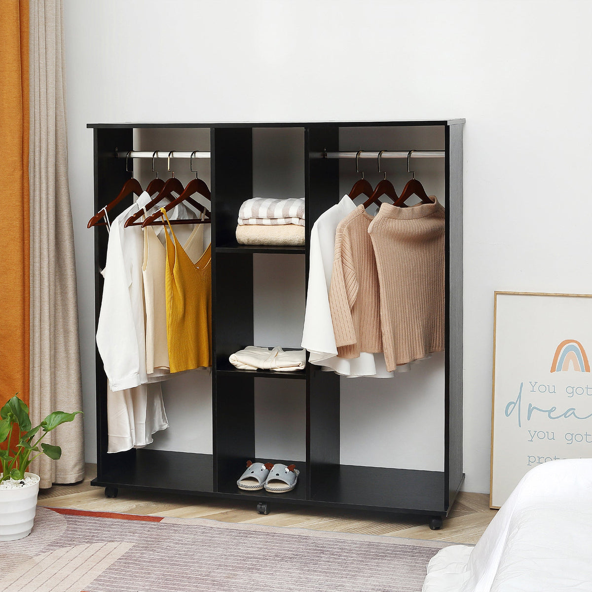homcom open wardrobe double mobile storage shelves organizer w 6 wheels black