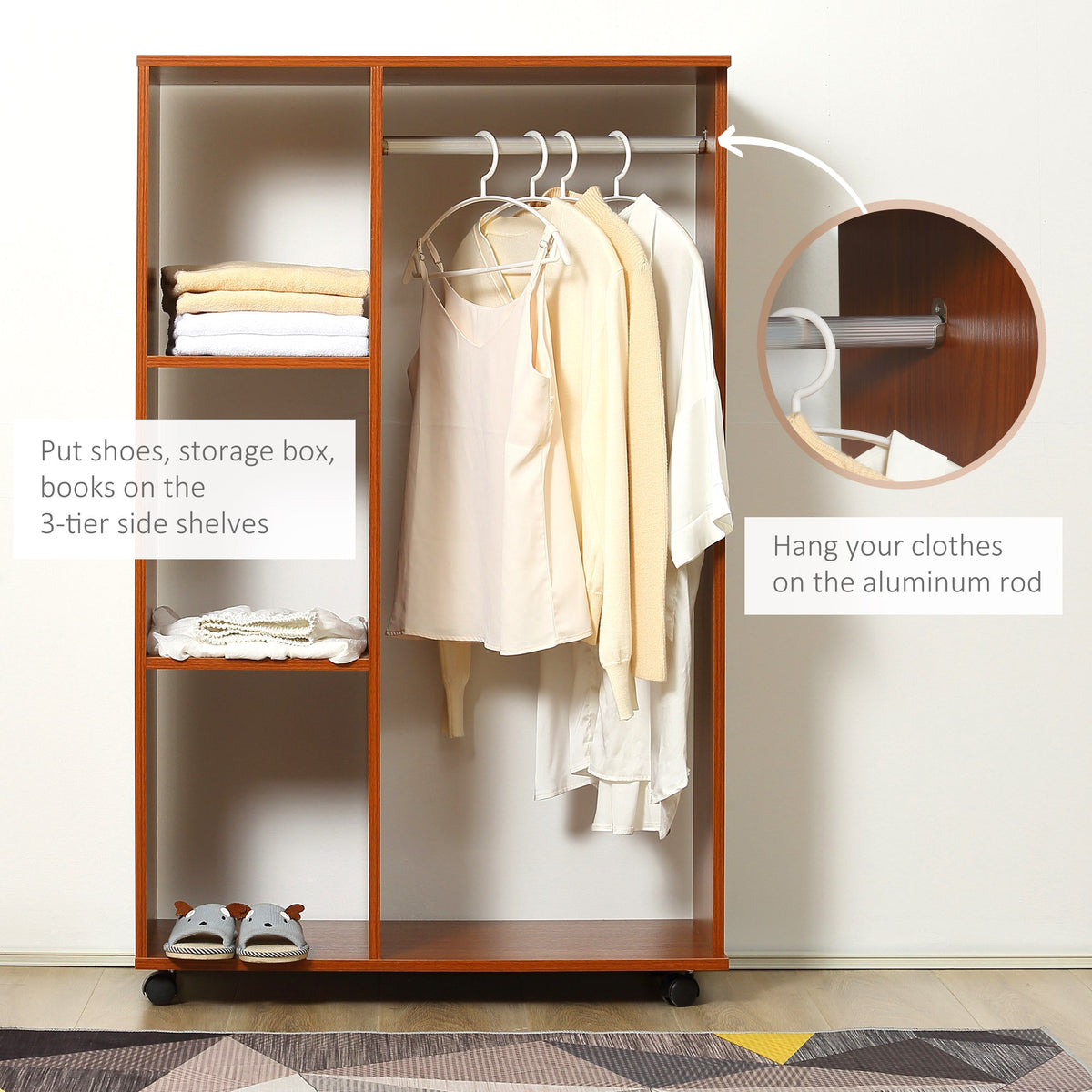 homcom open wardrobe on wheels bedroom wardrobe with clothes hanging rail 3 storage shelves mobile garment rack for cloakroom hallway walnut