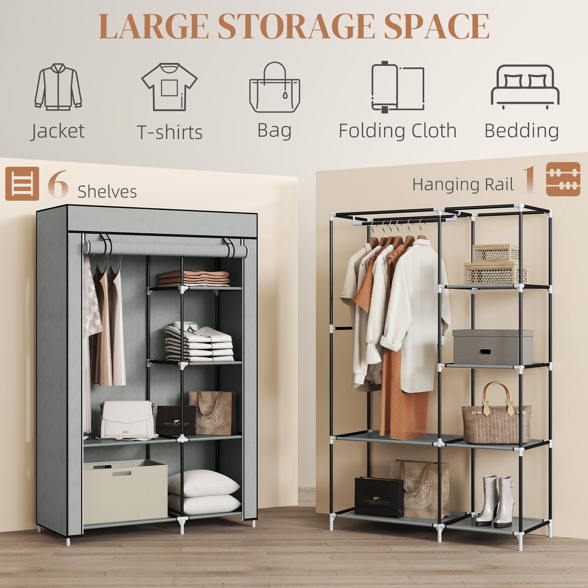 homcom fabric wardrobe portable wardrobe with 6 shelves 1 hanging rail foldable closets 103 x 43 x 162 5 cm light grey