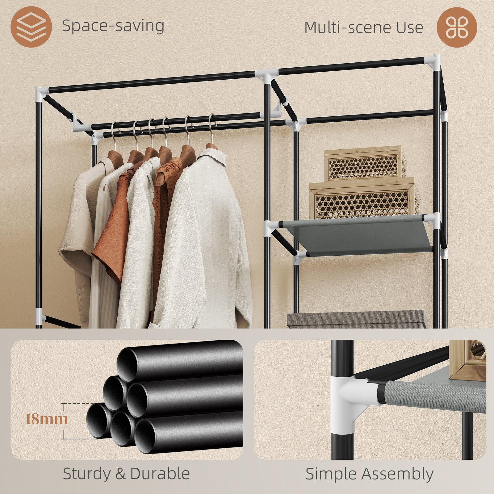 homcom fabric wardrobe portable wardrobe with 6 shelves 1 hanging rail foldable closets 103 x 43 x 162 5 cm light grey