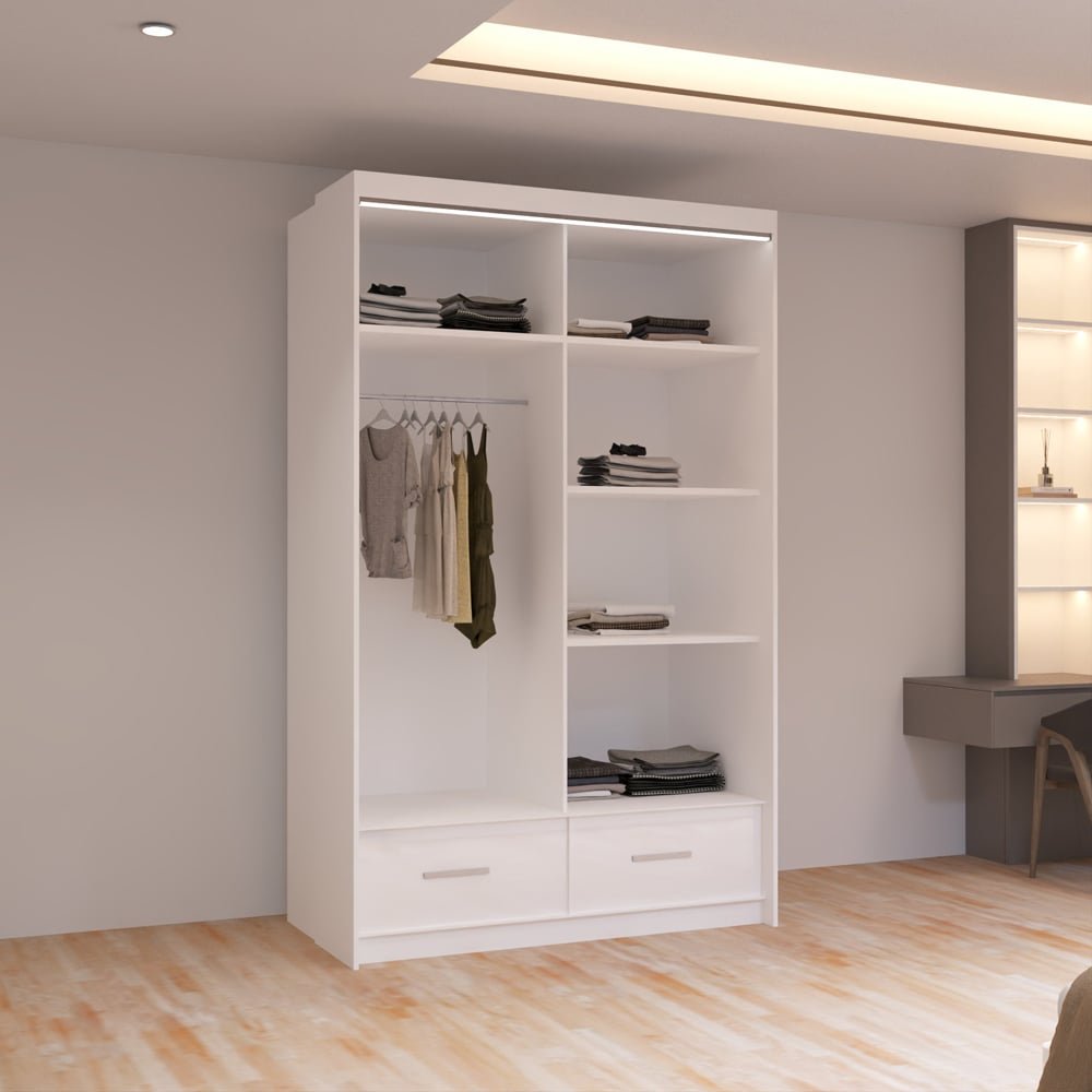 CHOICEWARDROBE 150cm sliding wardrobe, white high gloss, mirror door, LED & 2 drawers