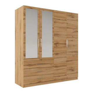 LINCOLNSHIRE 4 door mirrored wardrobe in Oak Wotan finish with 3 drawers