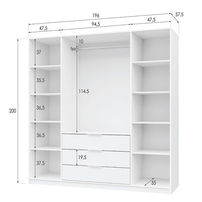Diagram of a 196cm wide, 200cm high 4-door wardrobe with 3 drawers, showing internal dimensions.