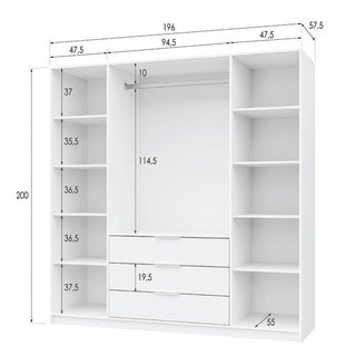Diagram of a 196cm wide, 200cm high 4-door wardrobe with 3 drawers, showing internal dimensions.