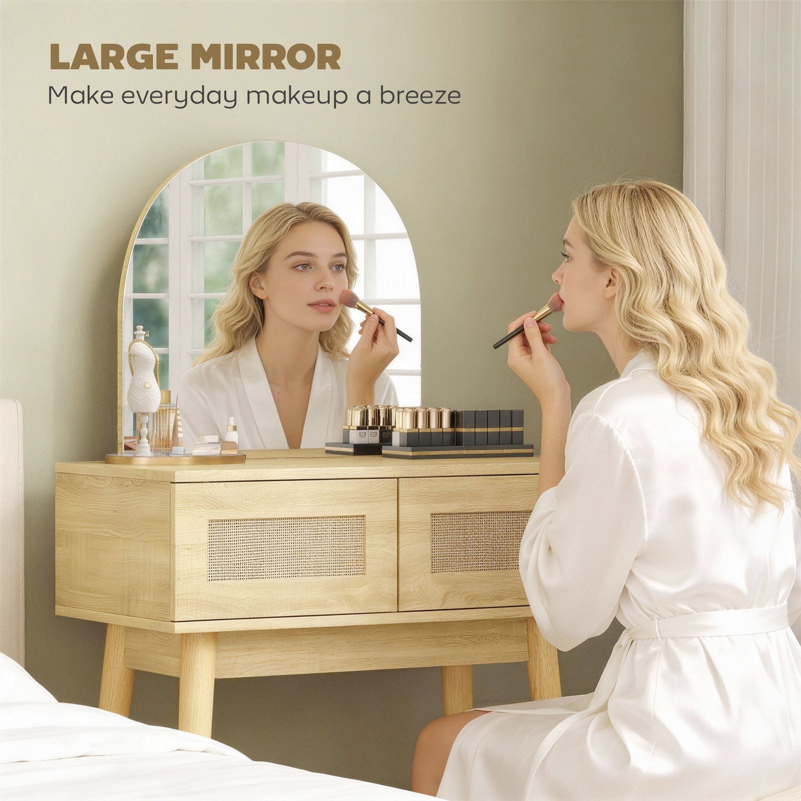 homcom dressing table compact vanity desk with mirror and 2 drawers natural wood finish