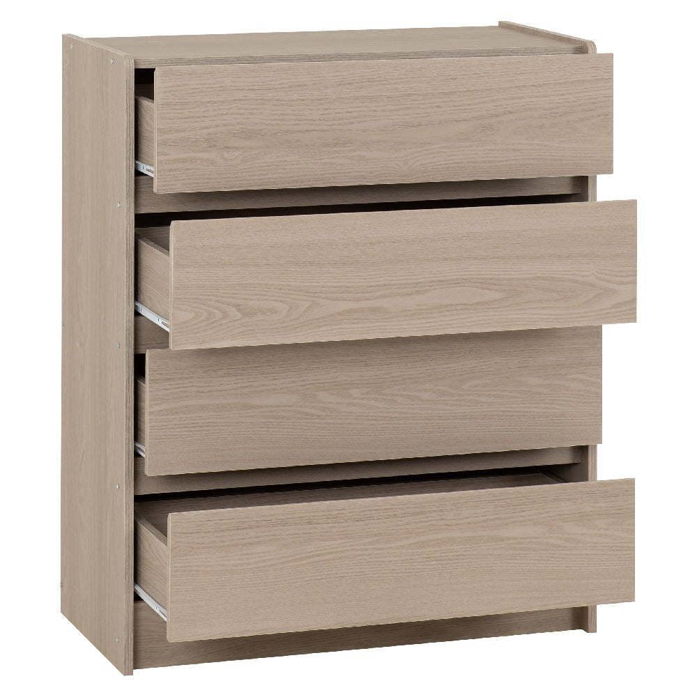 Palmyra Smoked Ash chest of 4 drawers with visible smooth-glide runners, three drawers partially open.