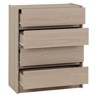 Palmyra Smoked Ash chest of 4 drawers with visible smooth-glide runners, three drawers partially open.