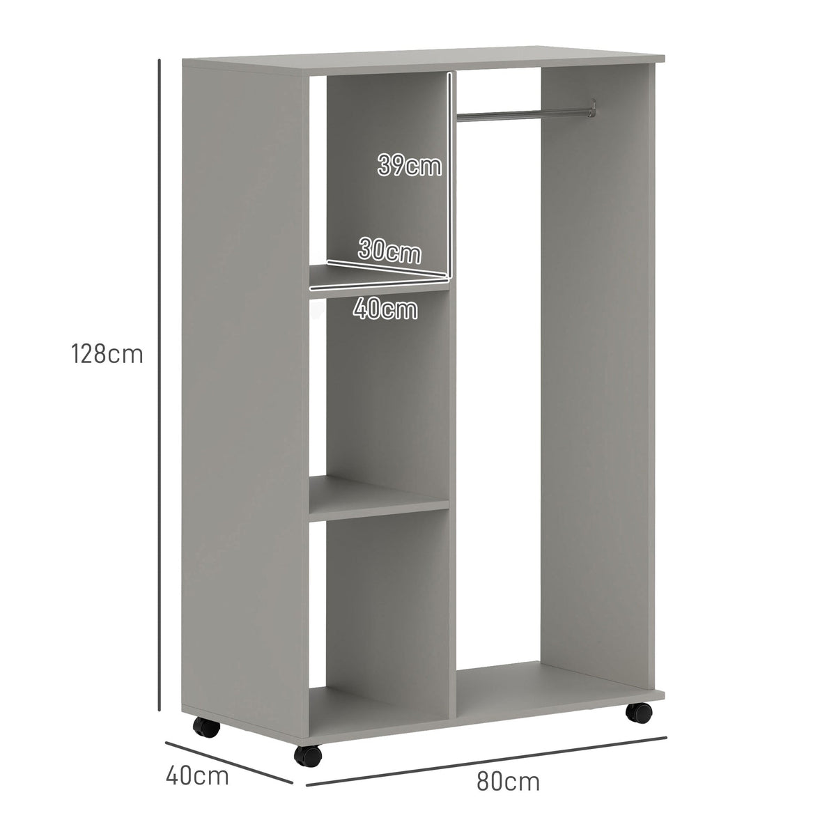 homcom open wardrobe on wheels bedroom wardrobe with clothes hanging rail 3 storage shelves mobile garment rack for cloakroom hallway grey