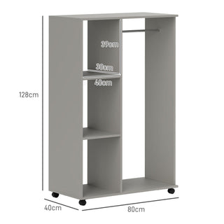 homcom open wardrobe on wheels bedroom wardrobe with clothes hanging rail 3 storage shelves mobile garment rack for cloakroom hallway grey