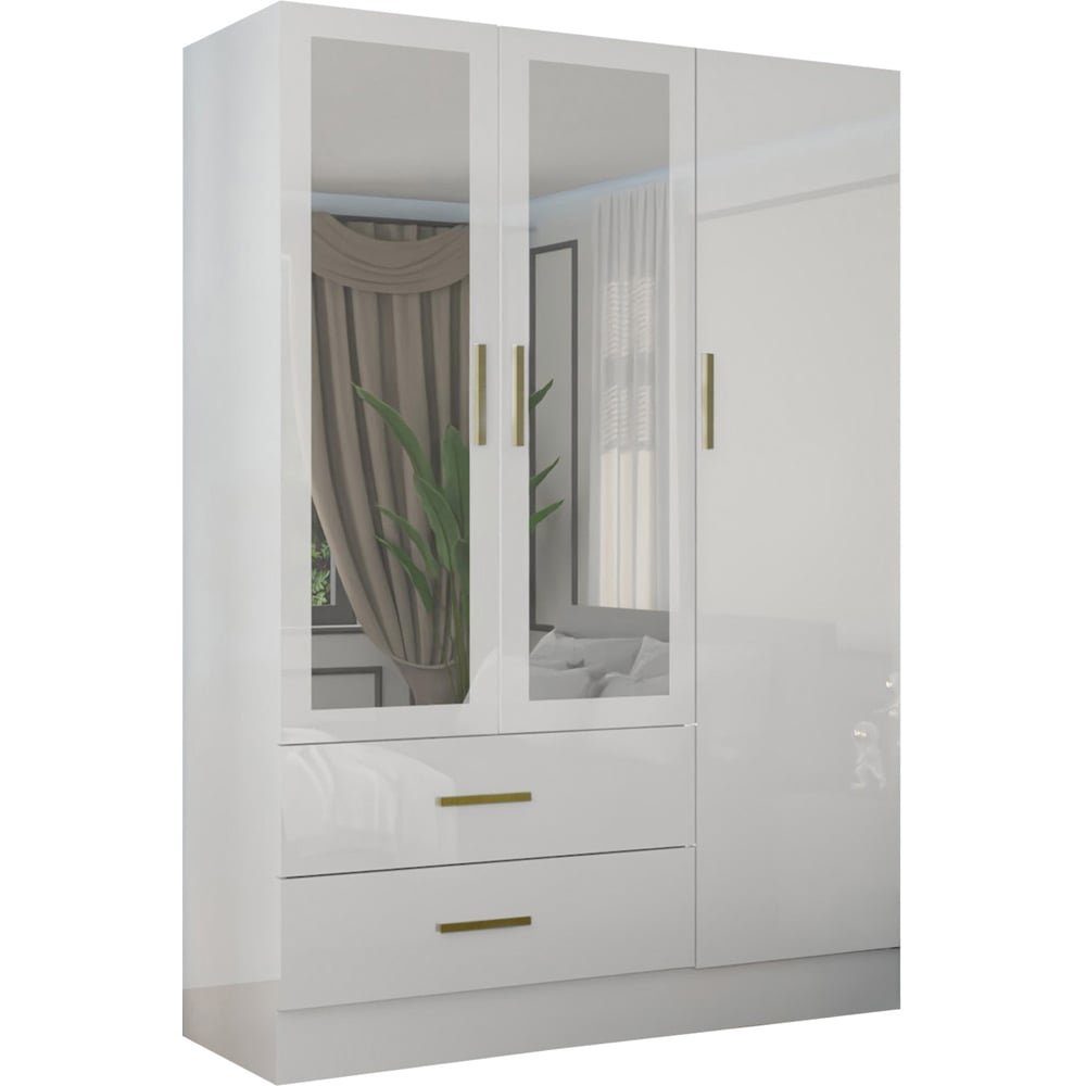 White gloss 3 door wardrobe with mirrored panels, gold handles and two drawers.