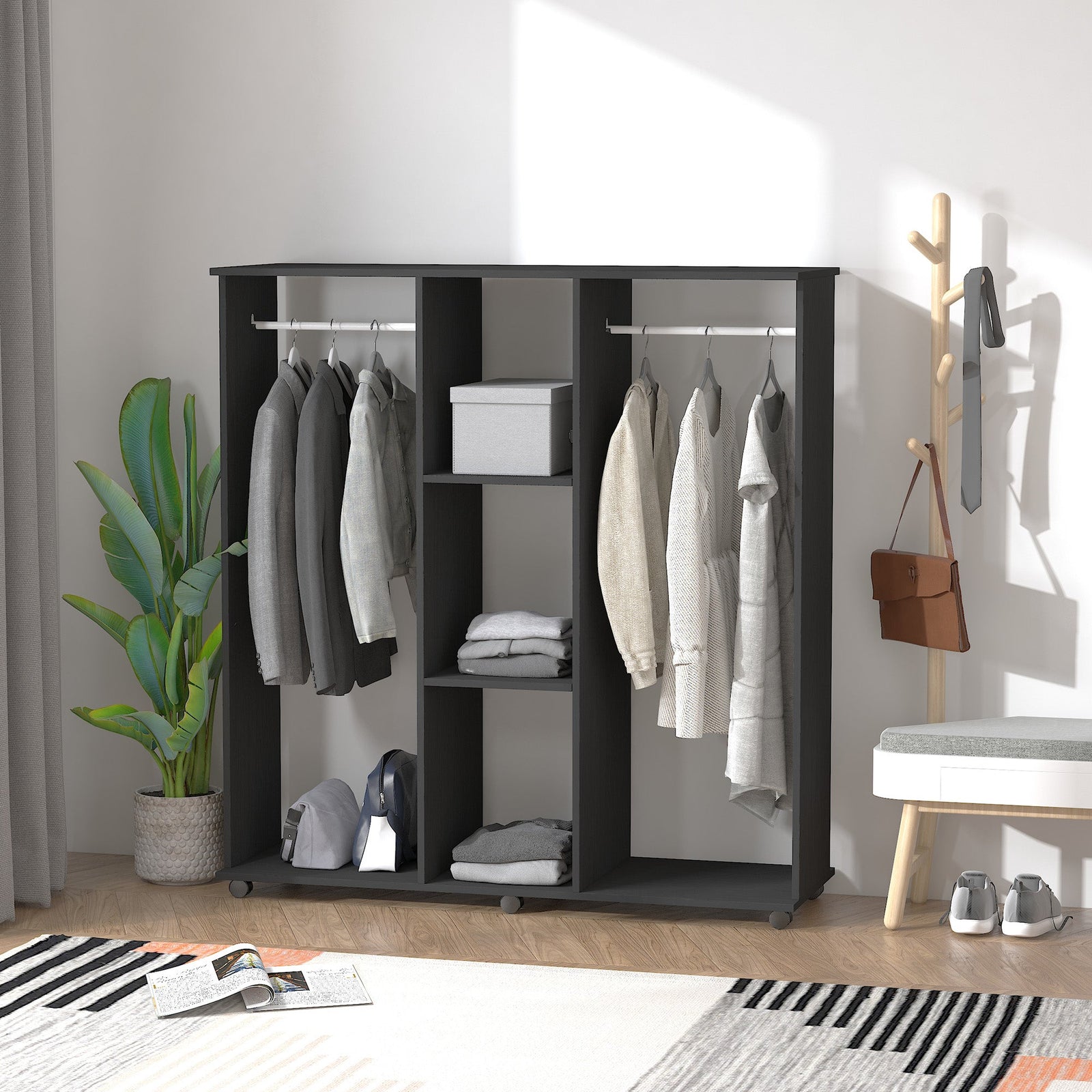 homcom open wardrobe double mobile storage shelves organizer w 6 wheels black