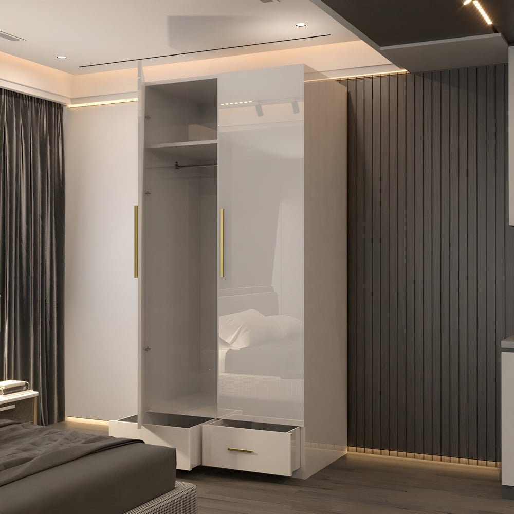 XD4 White High Gloss 2-door wardrobe with gold handles, open to show interior shelves and drawers.