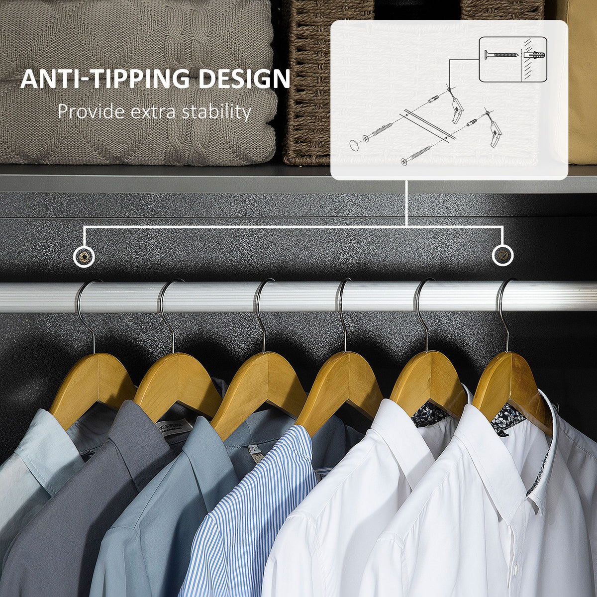 homcom high gloss wardrobe 2 door wardrobe with hanging rod and storage shelf clothes storage organizer with anti tipping design for bedroom grey
