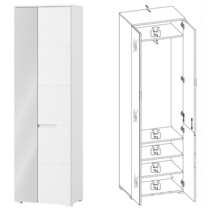 CHOICEWARDROBE Sarnia 60cm wardrobe, white high gloss with mirrored door, 2 doors.