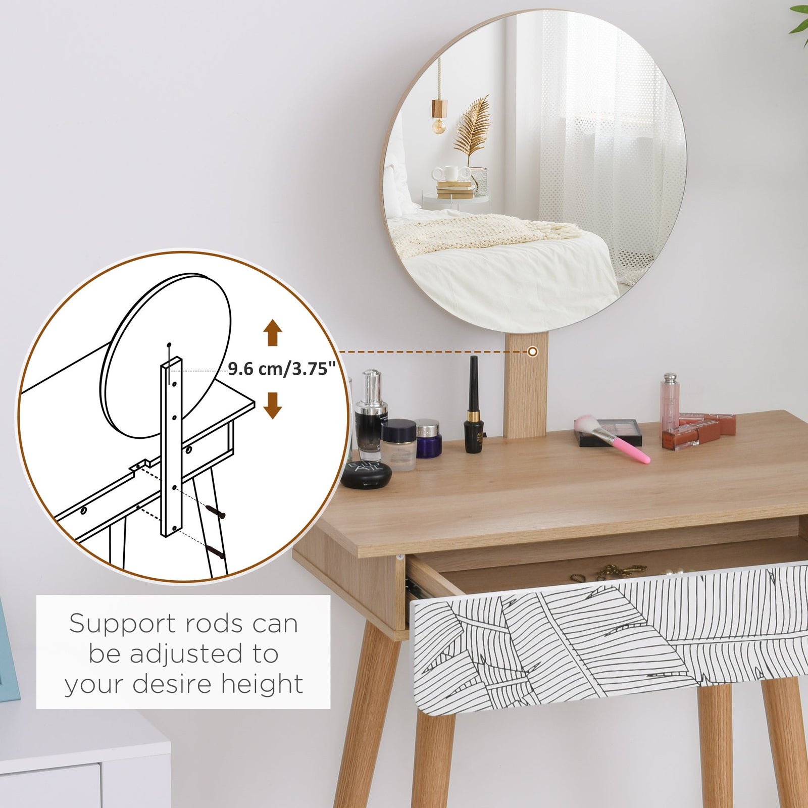 homcom dressing table with drawer and mirror height adjustable wooden oak color bedroom dressing room elegant and durable