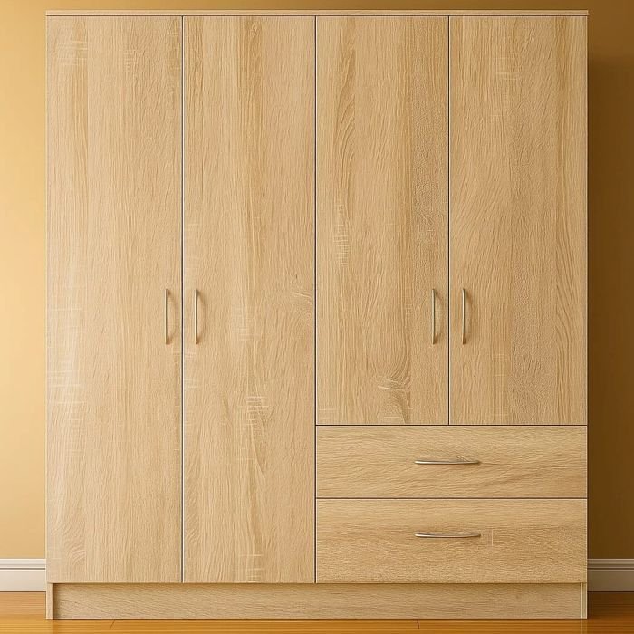 Oak 4-door wardrobe with two bottom drawers and silver handles.