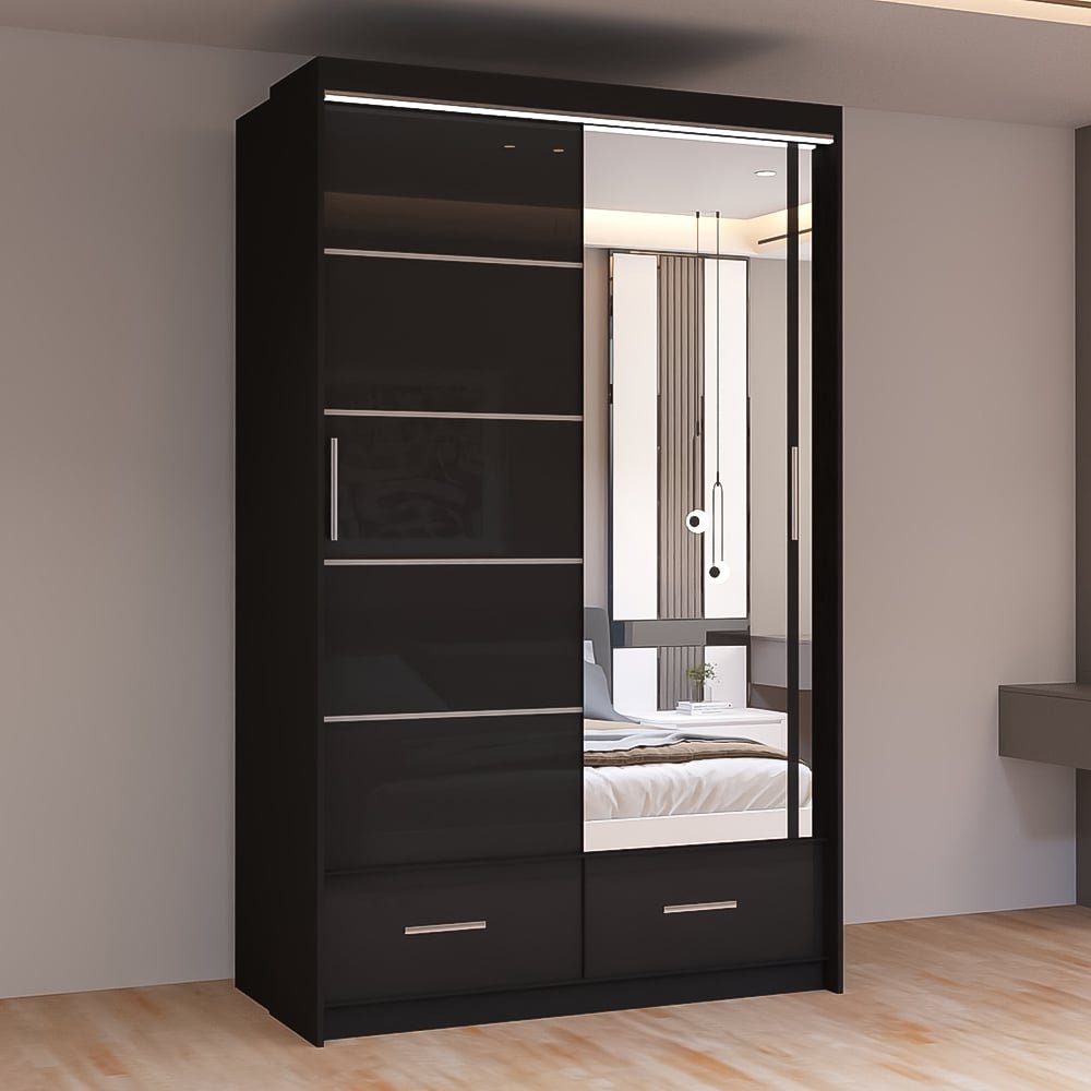 CHOICEWARDROBE 2 door black high gloss sliding wardrobe with central mirror and two drawers