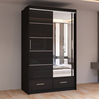 CHOICEWARDROBE 2 Door Sliding Wardrobe With Mirror Panel And Two Drawers – Black High Gloss Finish