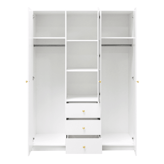 White 3 door wardrobe with open doors showing shelves, hanging rails, and three drawers with gold knobs.