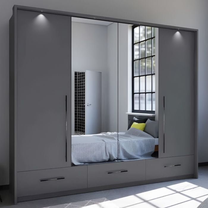 LINDSEY 4 Door Mirrored Wardrobe Graphite 255cm, mirrors reflect bed and window