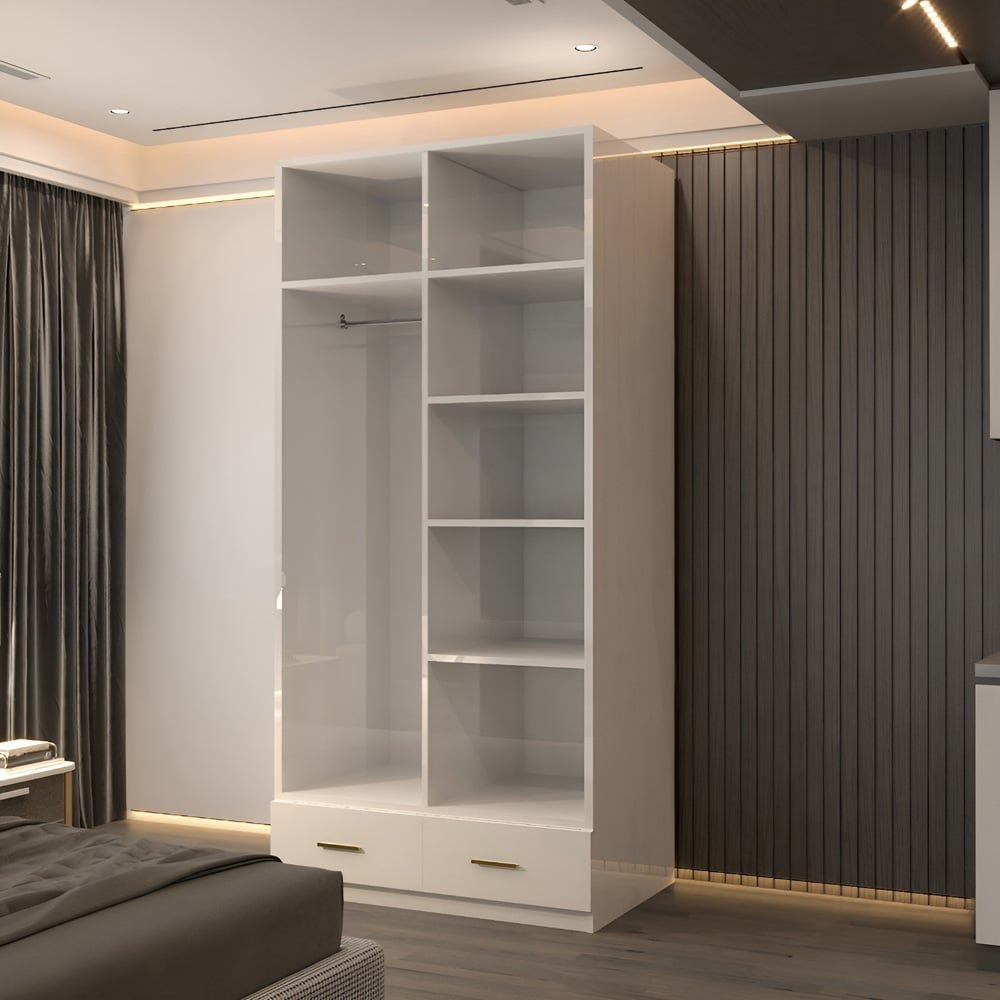XD4 White High Gloss 90cm wardrobe with 2 mirrored doors, 2 drawers, gold handles, internal shelves & hanging rail.