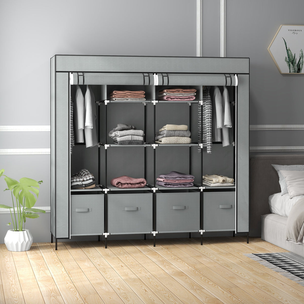 homcom fabric wardrobe for bedroom portable cloth wardrobe with 10 compartments 2 hanging rails and 4 fabric drawers 166 x 42 5 x 169 5cm dark grey
