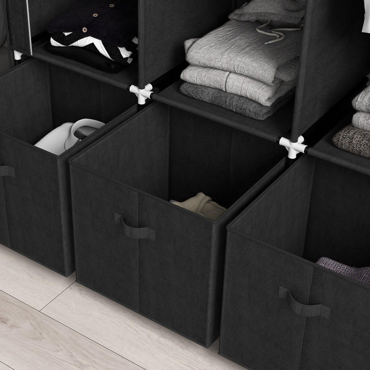homcom foldable fabric wardrobe for bedroom portable wardrobe with 5 shelves 2 hanging rails and 3 fabric drawers black