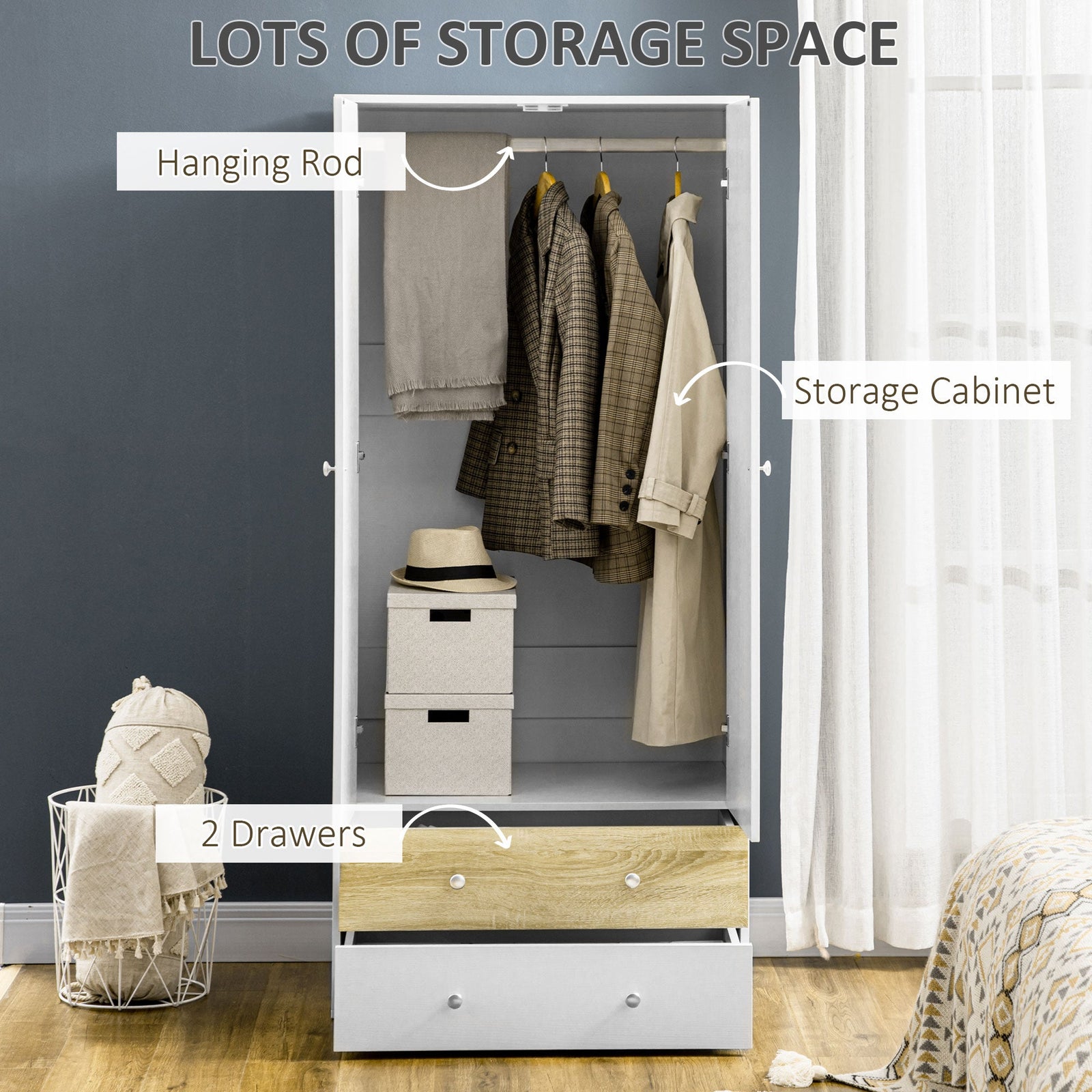 homcom 2 door wardrobe with 2 drawers hanging rod and anti tipping straps for bedroom clothes storage organisation white