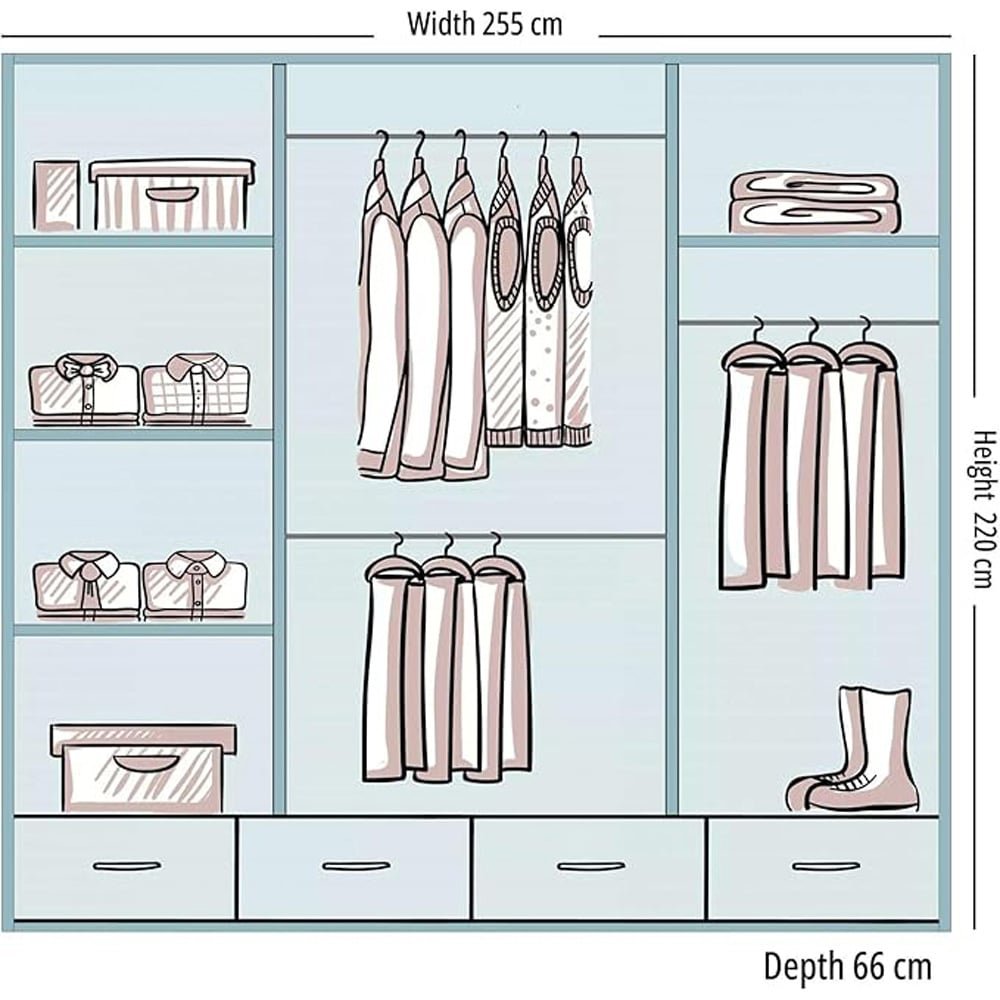 Wardrobe diagram showing 255cm wide sliding door interior storage layout with shelves, hanging rails and drawers.