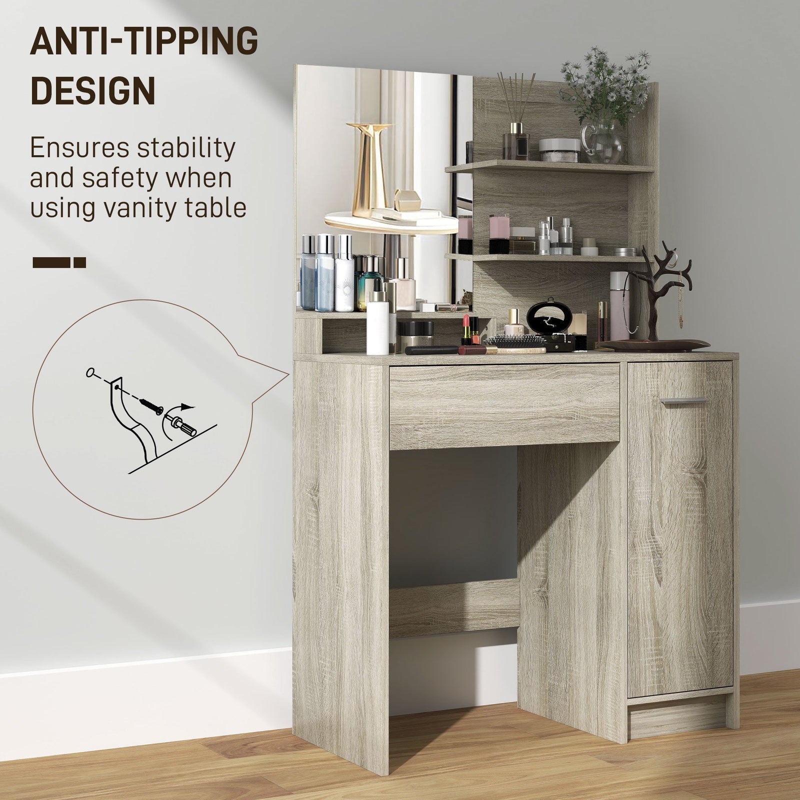 homcom dressing table and stool set with storage wood effect