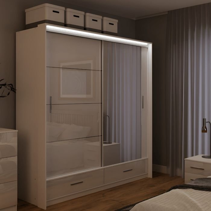 White gloss 208cm sliding door wardrobe with mirrored panels