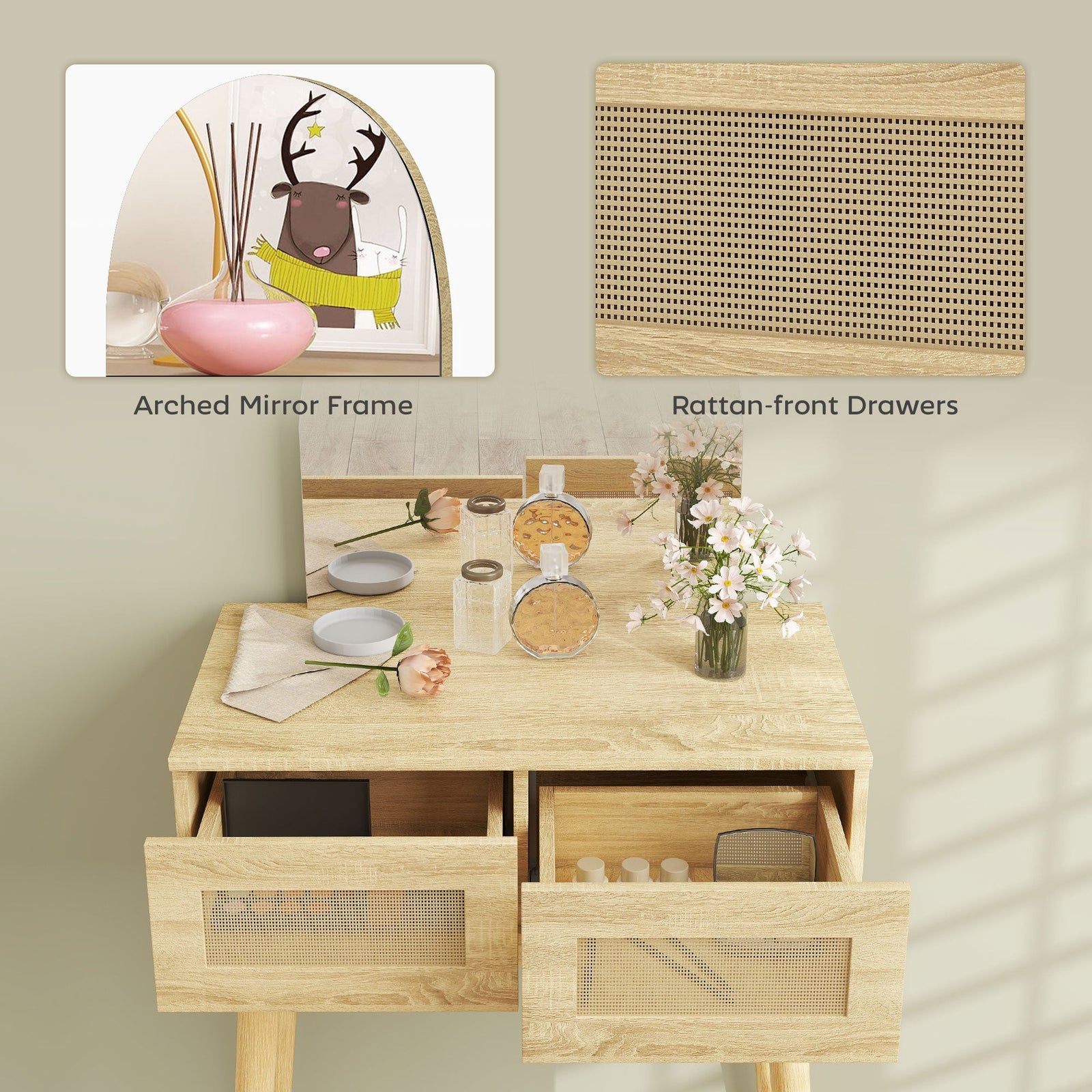 homcom dressing table compact vanity desk with mirror and 2 drawers natural wood finish