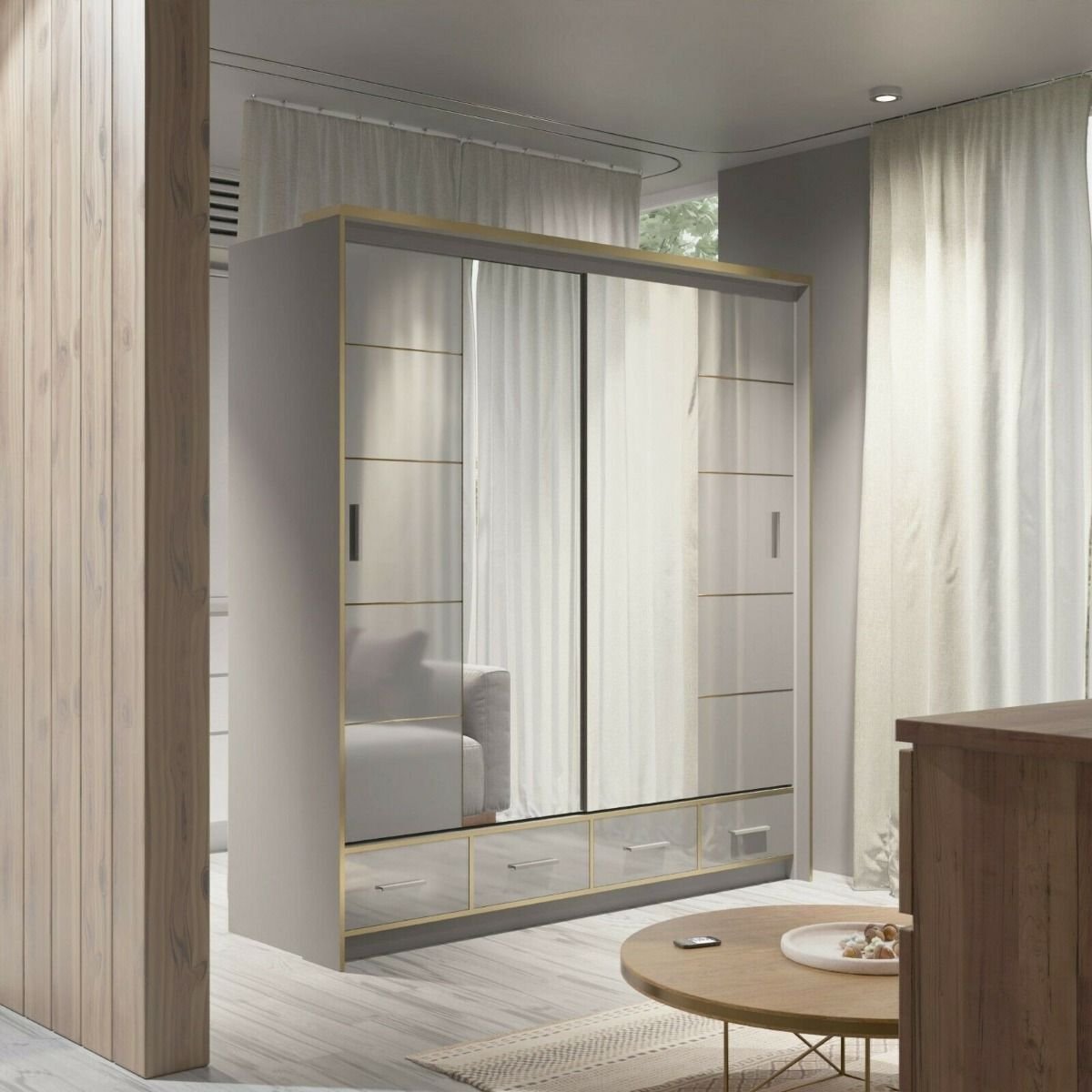 Grey gloss 2-door sliding wardrobe with mirrored doors in a modern bedroom.