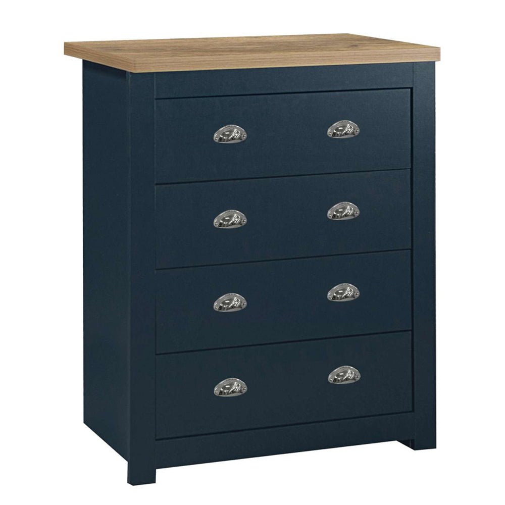 Navy blue chest of 4 drawers with light oak-effect top and silver handles.