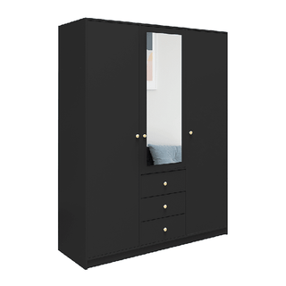 Black 3-door wardrobe with central mirror and 3 drawers, gold handles