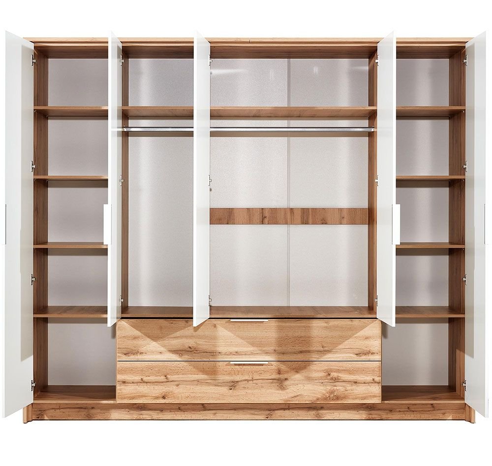 MARVELLO 5-door wardrobe in oak wotan and white with 2 drawers, open doors showing shelves and hanging rail