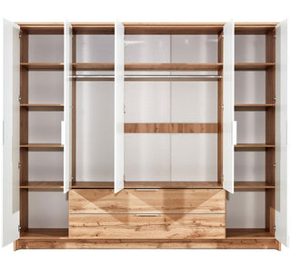 MARVELLO 5-door wardrobe in oak wotan and white with 2 drawers, open doors showing shelves and hanging rail