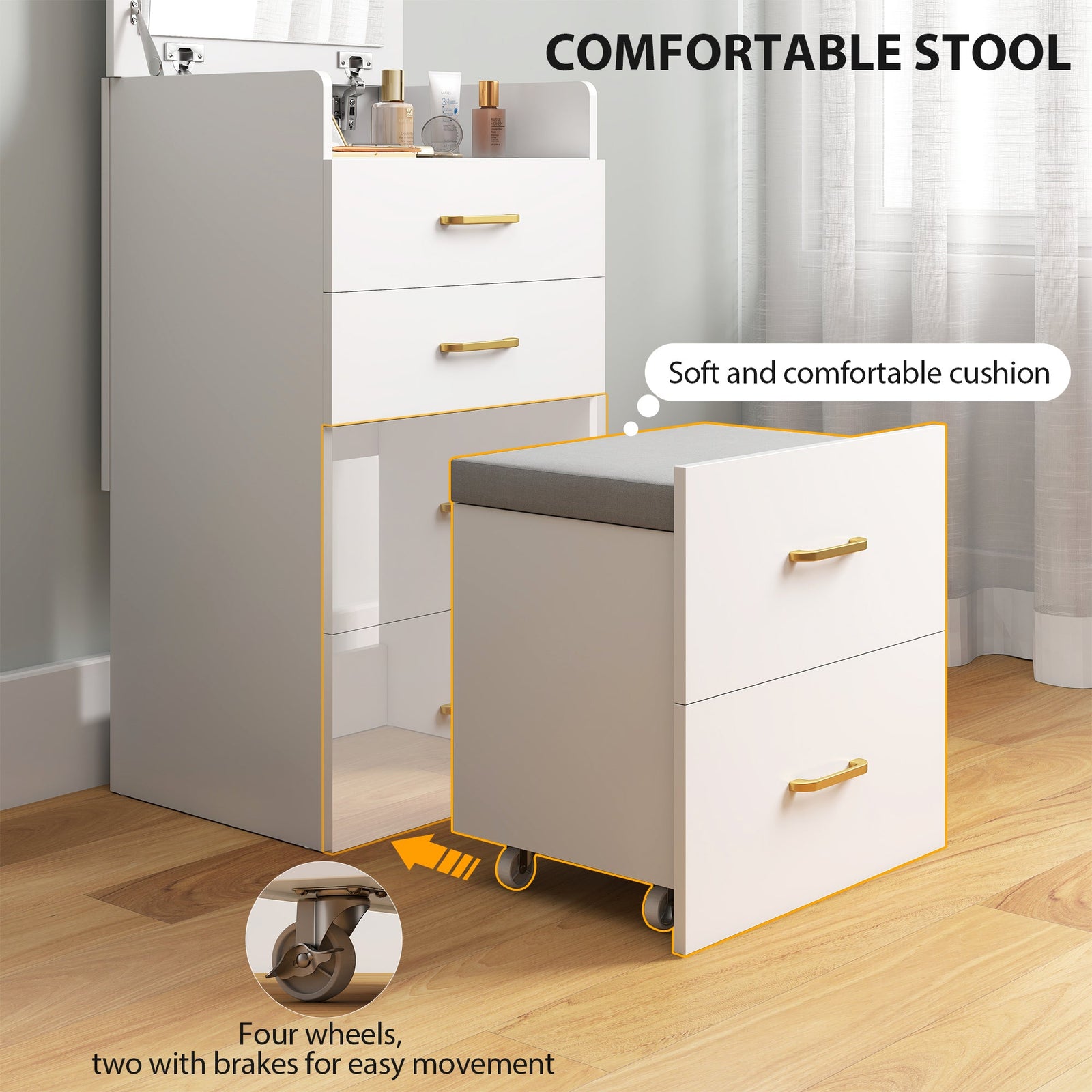 homcom compact dressing table and stool set with storage white