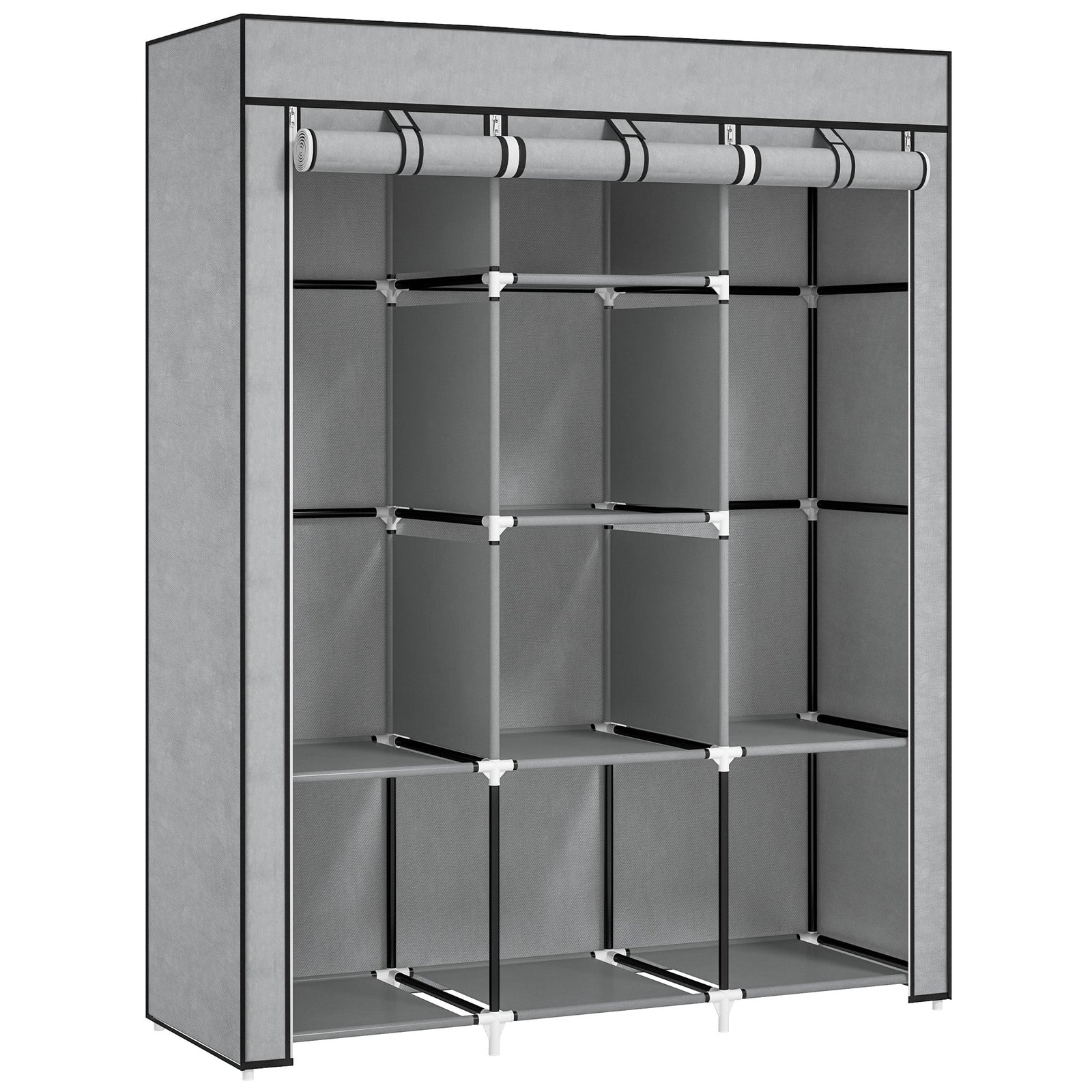 homcom fabric wardrobe with rails and shelves light grey