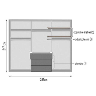 Diagram of STAFFORD 6 Door Wardrobe 255cm wide, 217cm high with 5 adjustable shelves, 3 rails, 3 drawers.