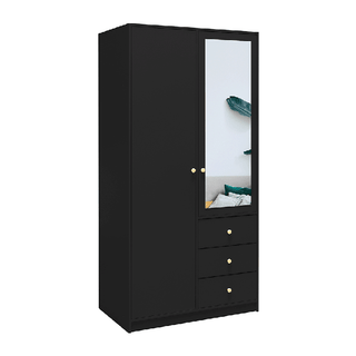 Black 2-door wardrobe with a mirrored door and 3 external drawers, gold knobs.