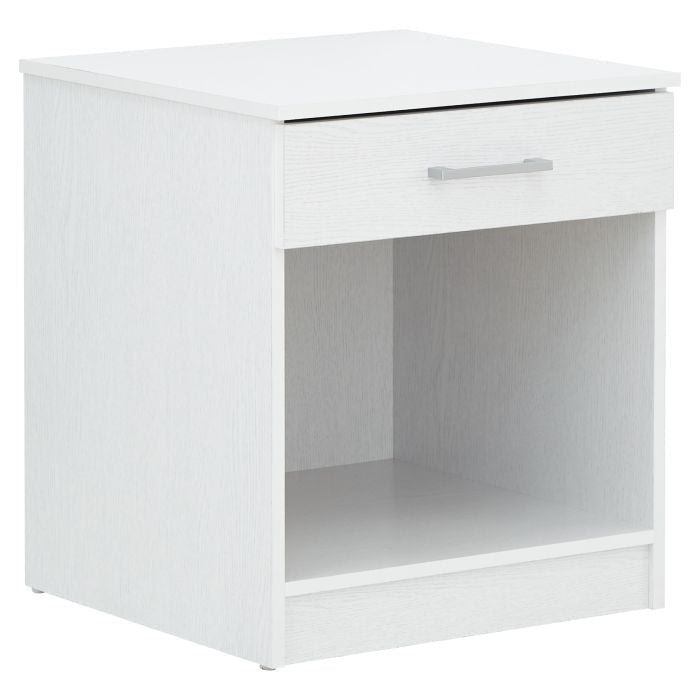 White bedside table with one drawer and an open shelf