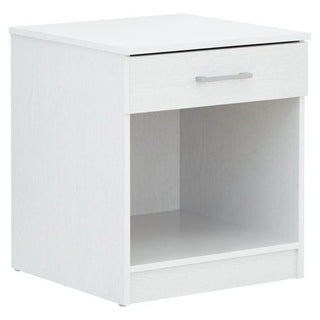 White bedside table with one drawer and an open shelf
