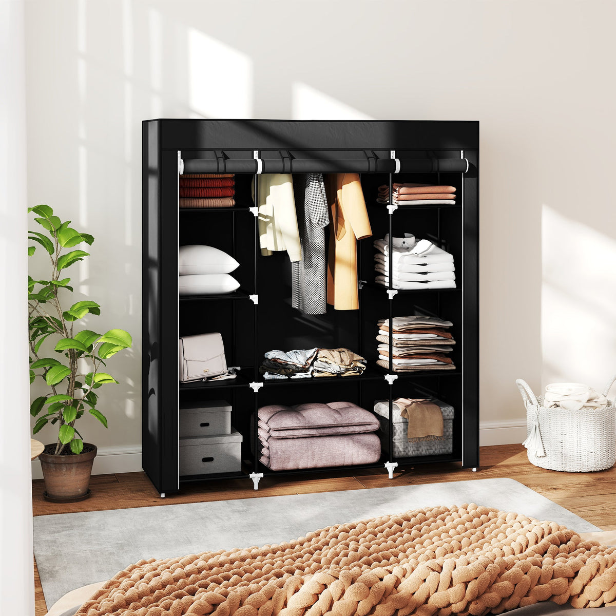 homcom portable wardrobe foldable fabric wardrobe 150 x 43 x 162 5cm clothes storage organiser with hanging rail shelves fabric cover for bedroom black