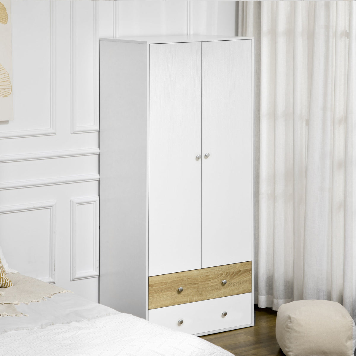 homcom 2 door wardrobe with 2 drawers hanging rod and anti tipping straps for bedroom clothes storage organisation white