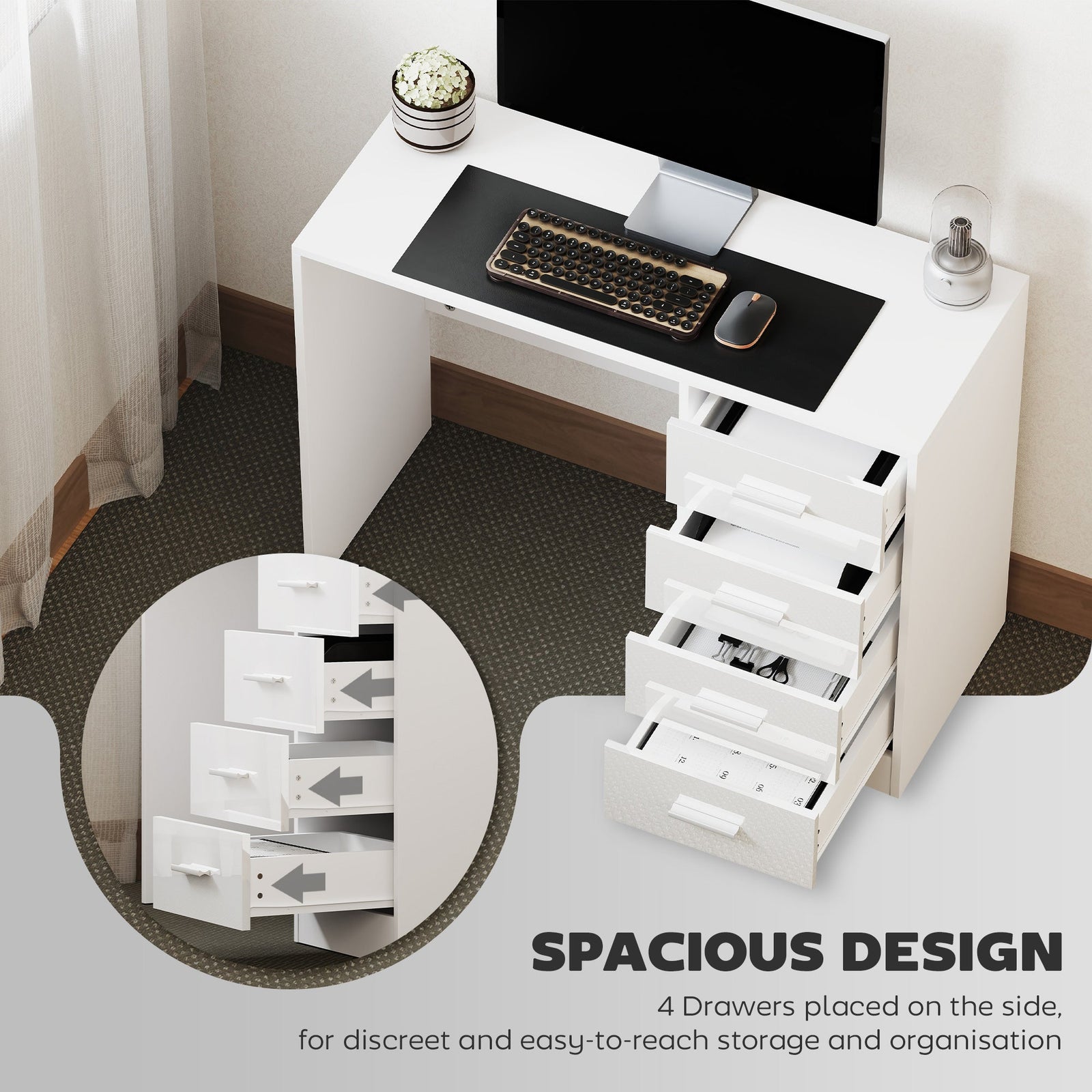 homcom computer desk with drawers dressing table high gloss home office writing workstation white