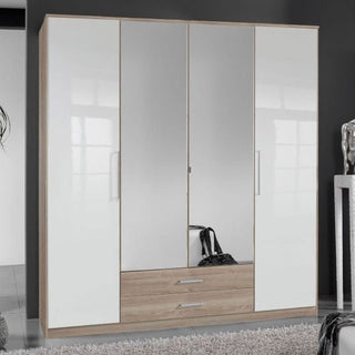 DANIEL 4 Door Wardrobe White Gloss and Oak Effect with Mirrored Centre Panels