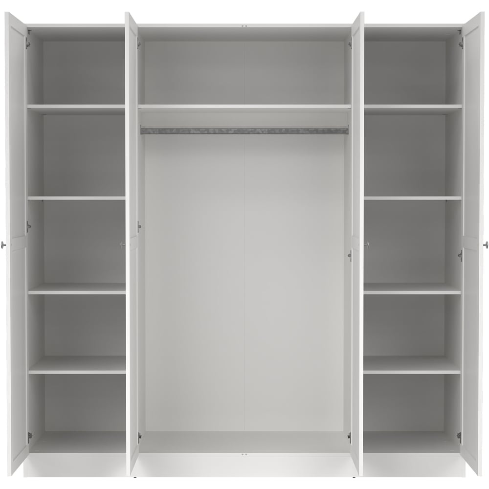 Florence Brande 4 door white wardrobe, open doors showing shelves and hanging rail.